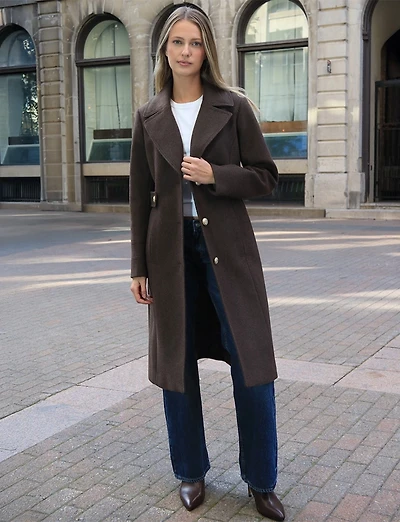 Chic Long Wool-Like Button Coat with Notch Collar & Defined Waist Tabs by Saki