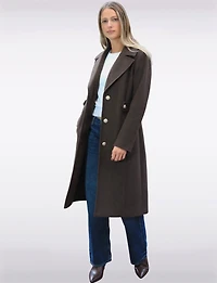 Chic Long Wool-Like Button Coat with Notch Collar & Defined Waist Tabs by Saki