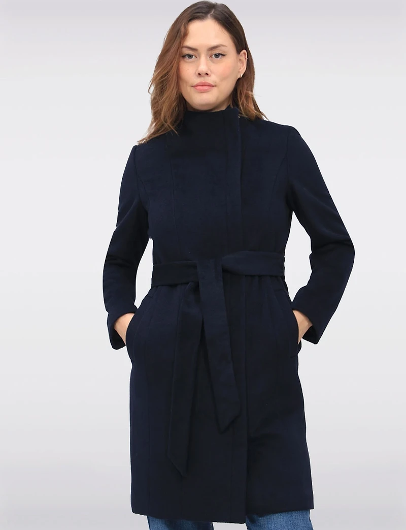 Sophisticated Wool Blend Zip Front Coat with Belt and Large Collar by Cole Haan