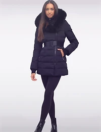 Vonne Quilted Cire Polyloft® Belted Hooded Coat with Genuine Fur Trim by Sokos