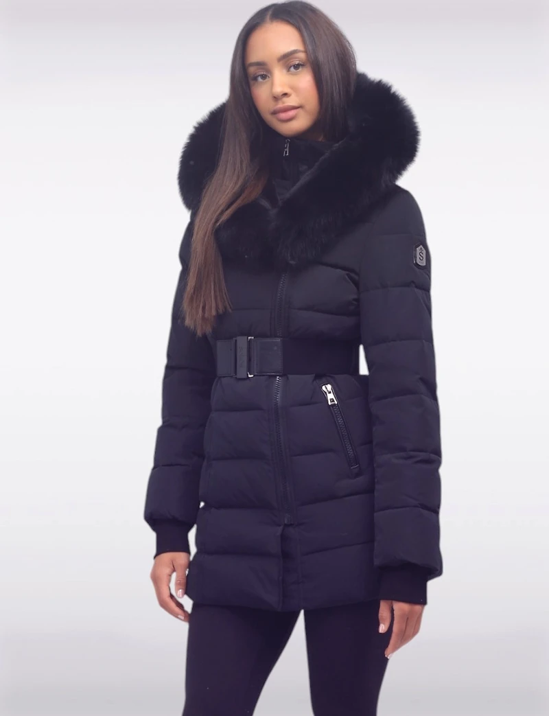 Vonne Quilted Cire Polyloft® Belted Hooded Coat with Genuine Fur Trim by Sokos