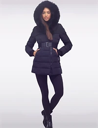Vonne Quilted Cire Polyloft® Belted Hooded Coat with Genuine Fur Trim by Sokos