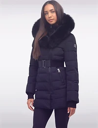 Vonne Quilted Cire Polyloft® Belted Hooded Coat with Genuine Fur Trim by Sokos