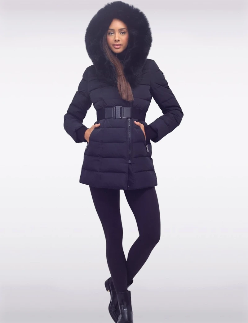 Vonne Quilted Cire Polyloft® Belted Hooded Coat with Genuine Fur Trim by Sokos