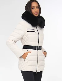 Jennsen Vegan Dual Quilted Polyloft Belted Coat with Faux Fur Trim Hood by Saki