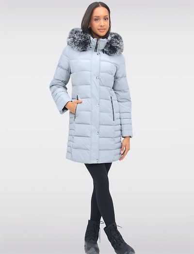 Louise Vegan Quilted Long Coat with Removable Faux-Fur-Trimmed Hood by Saki