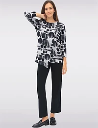 Black Geometric Printed Crew Neck Knit Tunic with Asymmetrical Hem by Perle