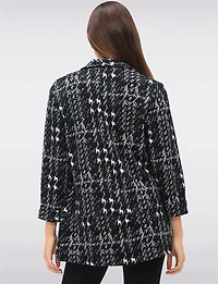 Open-Front Textured Jacquard Cuffed 3/4 Sleeves & Rounded Hem Blazer by Perle