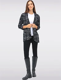 Open-Front Textured Jacquard Cuffed 3/4 Sleeves & Rounded Hem Blazer by Perle