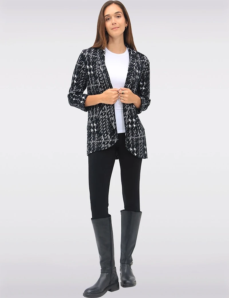 Open-Front Textured Jacquard Cuffed 3/4 Sleeves & Rounded Hem Blazer by Perle