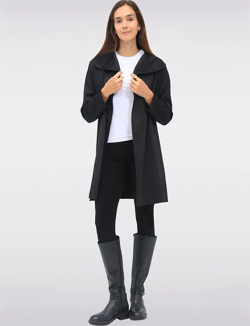 Draped Front Long Cardigan with Floral Jacquard & Waterfall Collar by Perle