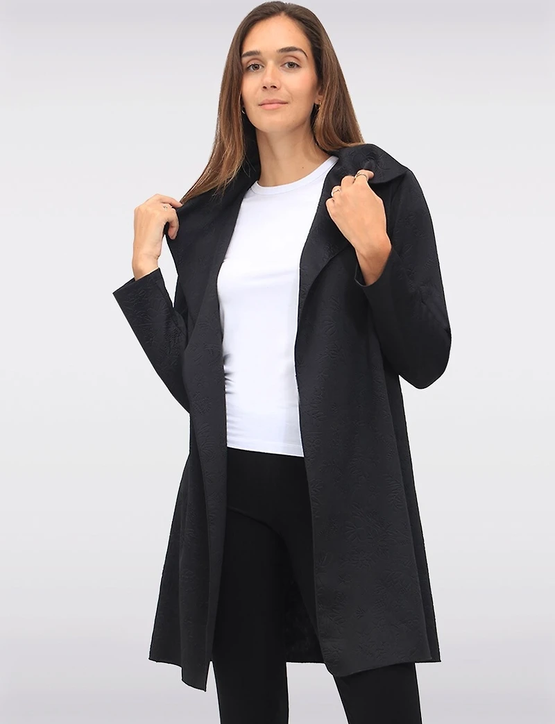 Draped Front Long Cardigan with Floral Jacquard & Waterfall Collar by Perle