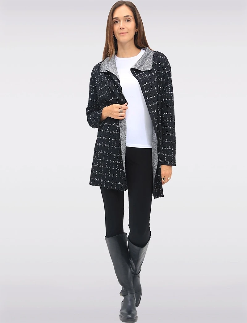 Flowy Draped-Front Textured Jacquard Print Cardigan with Long Sleeves by Perle