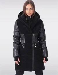 Tailored Luxury Coat - Vegan Leather Waist Detail & Faux Fur Trim Hood by Sicily