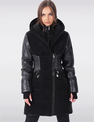 Tailored Luxury Coat - Vegan Leather Waist Detail & Faux Fur Trim Hood by Sicily