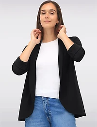 Sleek Stretch 3/4 Sleeve Blazer with Roll Cuffs and Rounded Hemline by Perle