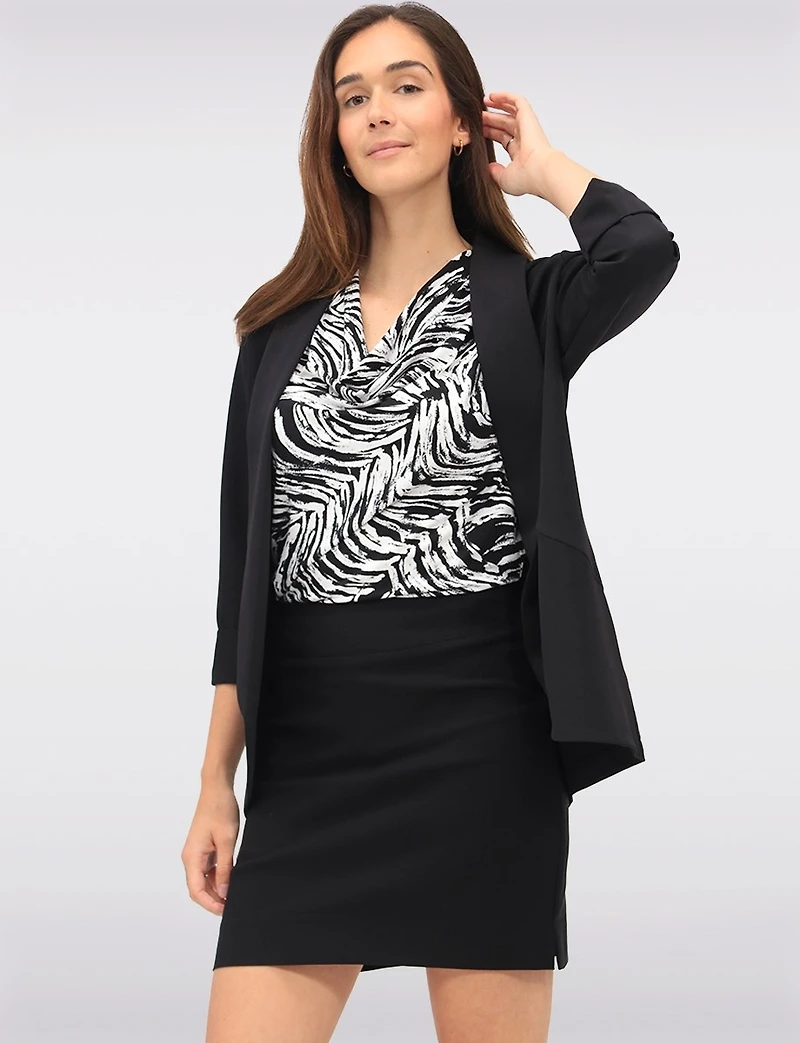 Sleek Stretch 3/4 Sleeve Blazer with Roll Cuffs and Rounded Hemline by Perle