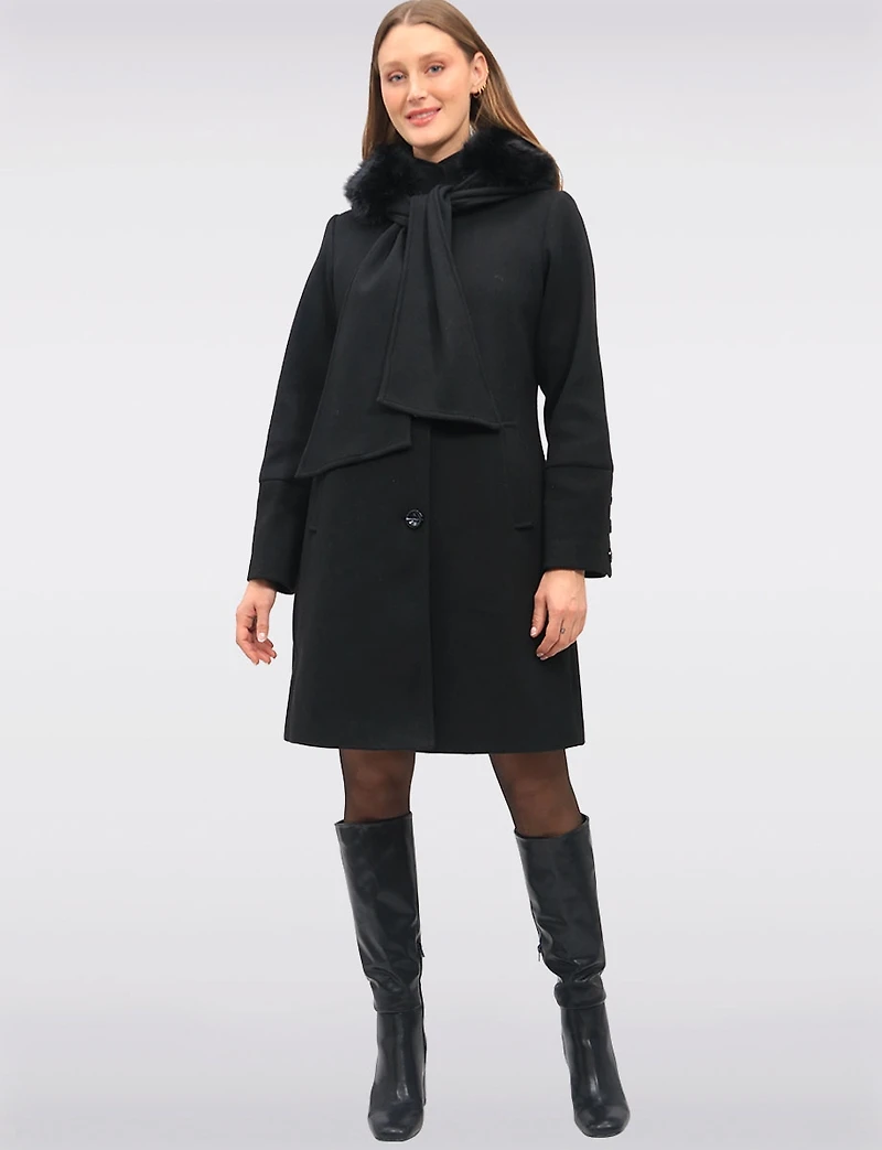 Luxurious Integrated Faux Fur Trim Hooded Scarf Coat by Saki