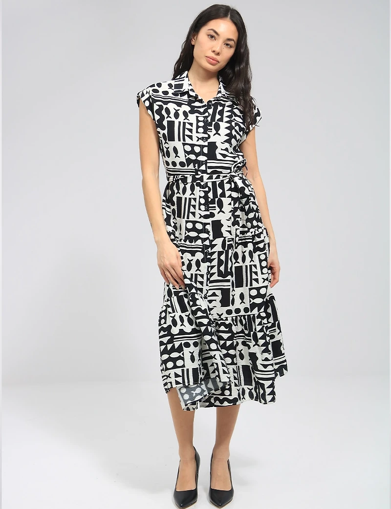Flowing Abstract Printed Retro Midi Dress with Cap Sleeves & Belt by Point Zero