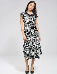Flowing Abstract Printed Retro Midi Dress with Cap Sleeves & Belt by Point Zero
