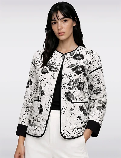 Chic Cropped Quilted Jacket with Black & White Floral Print by Point Zero