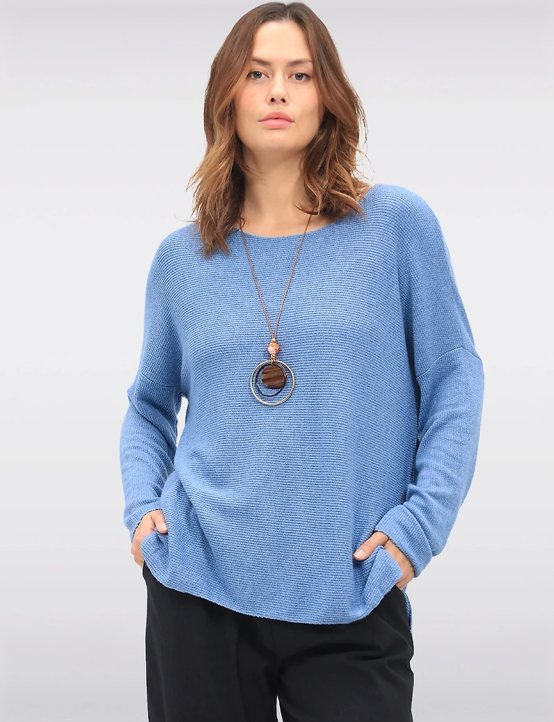 Ultra-Soft Drop Shoulder Long Sleeve Knit Top with Necklace by Froccella
