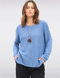 Ultra-Soft Drop Shoulder Long Sleeve Knit Top with Necklace by Froccella