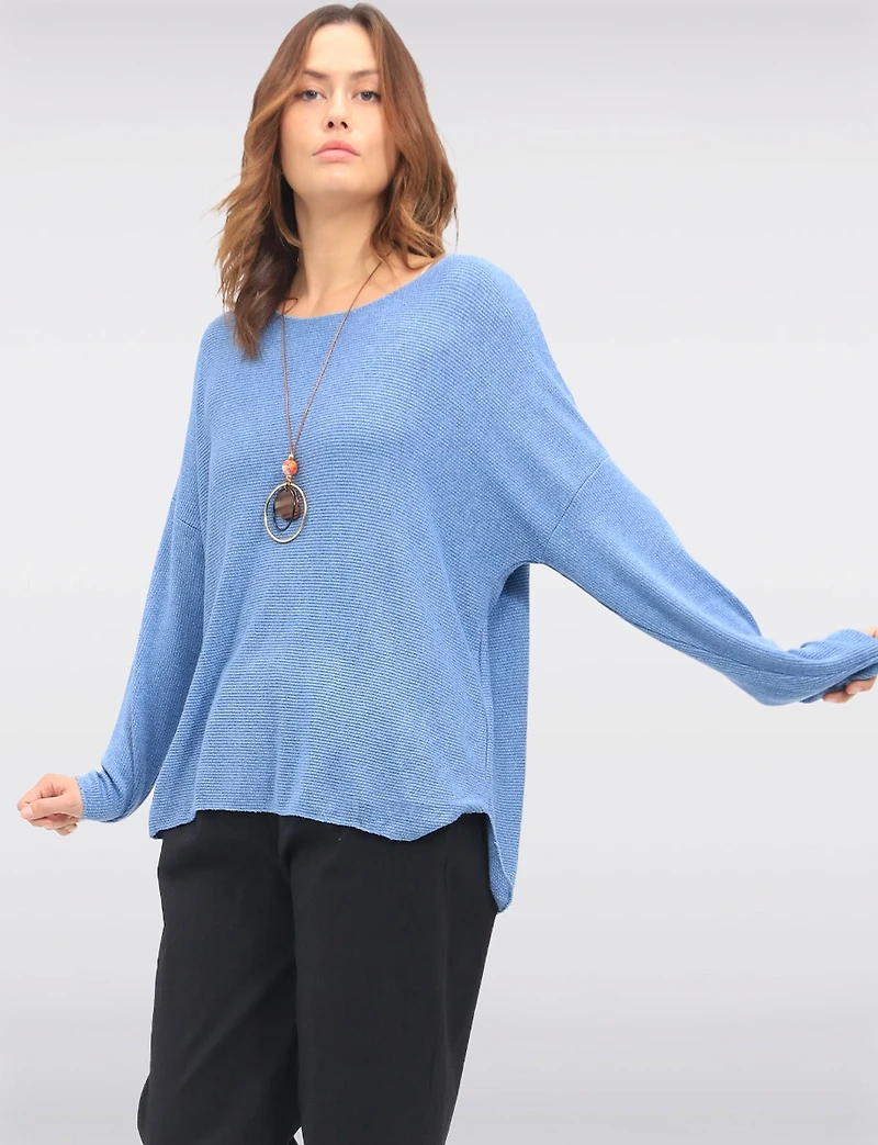 Ultra-Soft Drop Shoulder Long Sleeve Knit Top with Necklace by Froccella