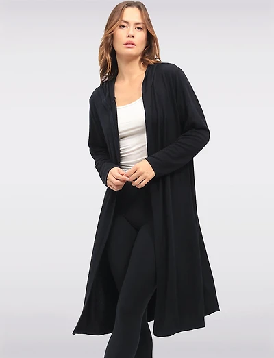Casual Long Hooded Stretch Knit Shrug with Draped Open Front by Froccella
