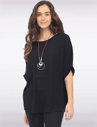 Chic Relaxed-Fit Solid Dolman Sleeve Top with Statement Necklace by Froccella