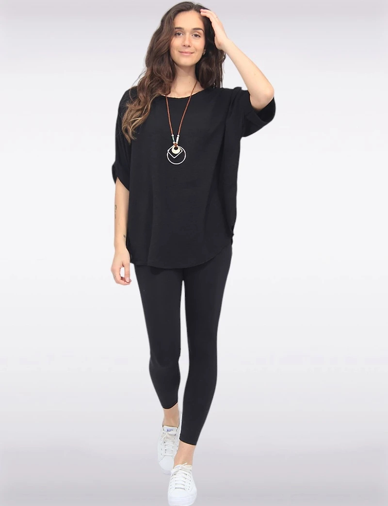 Chic Relaxed-Fit Solid Dolman Sleeve Top with Statement Necklace by Froccella