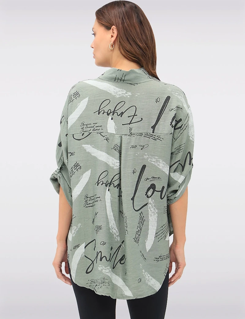 Button-Up High-Low Shirt with Abstract Script & Brushstroke Print by Froccella