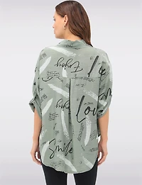 Button-Up High-Low Shirt with Abstract Script & Brushstroke Print by Froccella