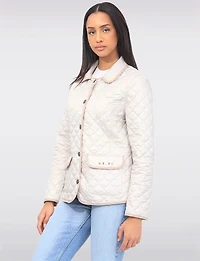 Vegan Reversible Print on Solid Quilted Jacket with Contrasting Trim by Saki