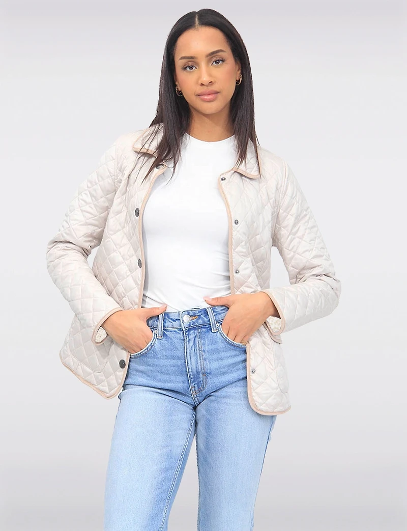 Vegan Reversible Print on Solid Quilted Jacket with Contrasting Trim by Saki