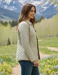 Vegan Reversible Print on Solid Quilted Jacket with Contrasting Trim by Saki