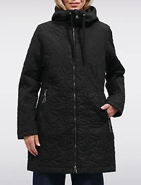 Lightweight Vegan Floral Quilted Mid-Length Jacket Parka with Hood by Saki