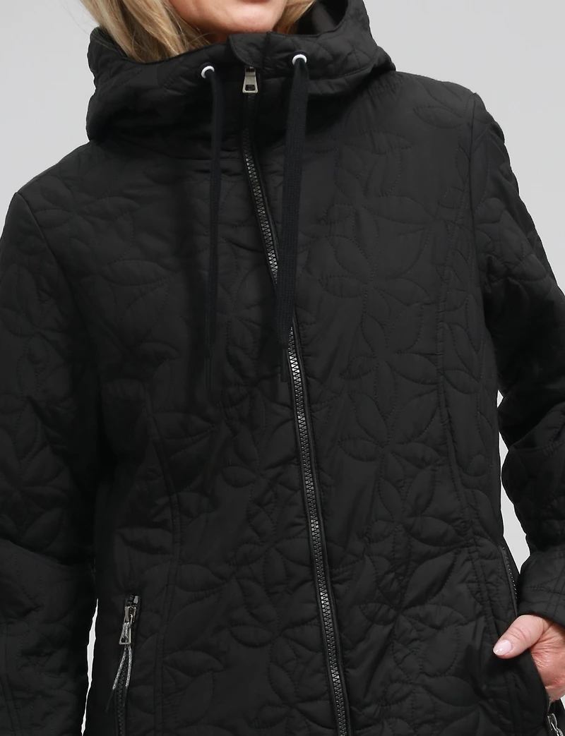 Lightweight Vegan Floral Quilted Mid-Length Jacket Parka with Hood by Saki