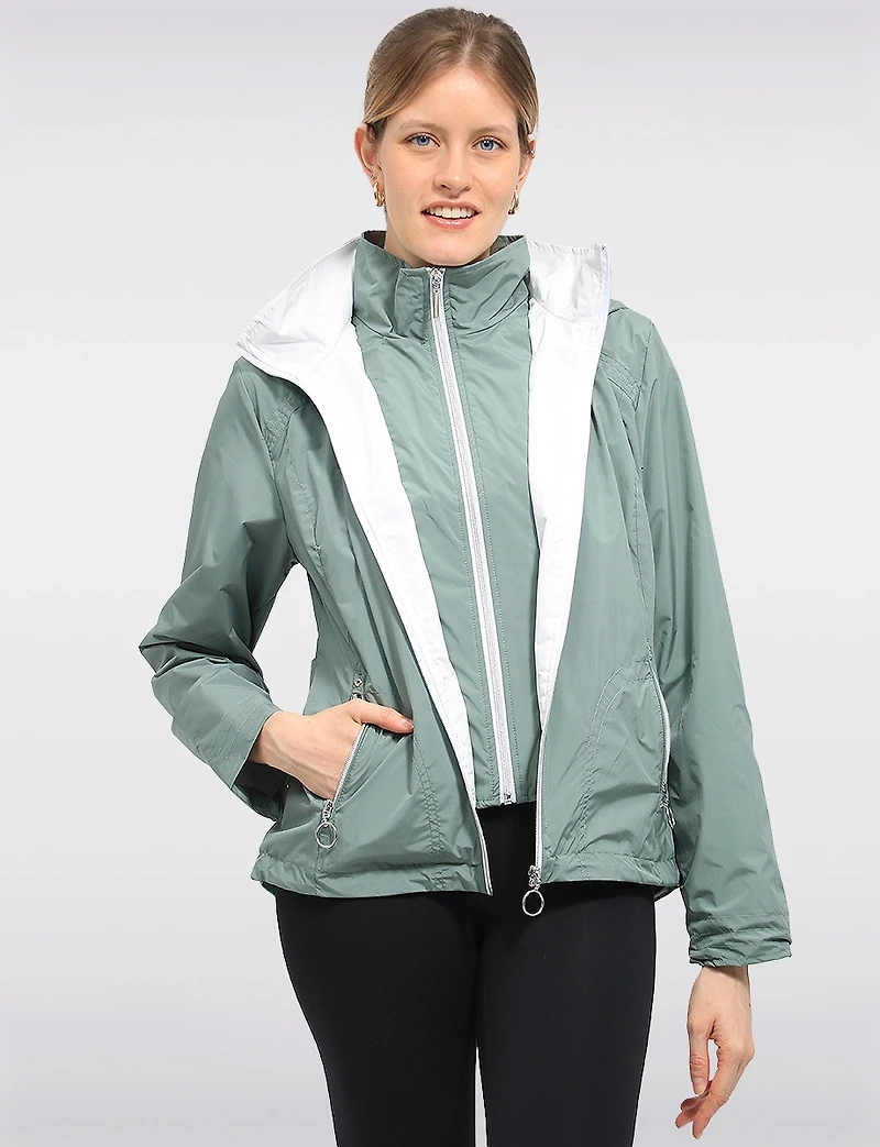 Lightweight Active Vegan Hooded Windbreaker Jacket with Inner Zip-up Bib by Saki