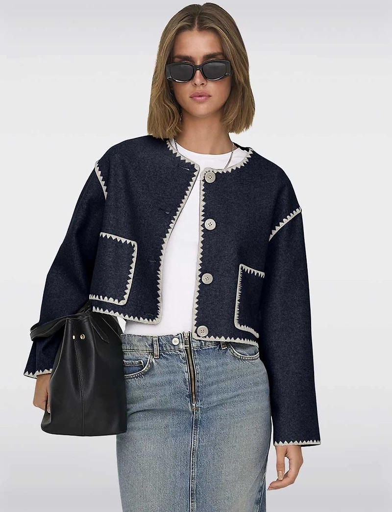 Trendy Cropped Wool-Like Jacket with Chic Off-White Stitching Trim by Only