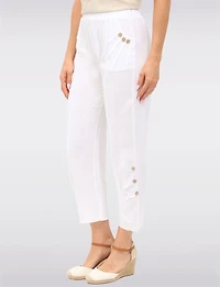 Goa Linen Relaxed Pull-On Pants - Ruched Cuff & Front-Pocket Button Details