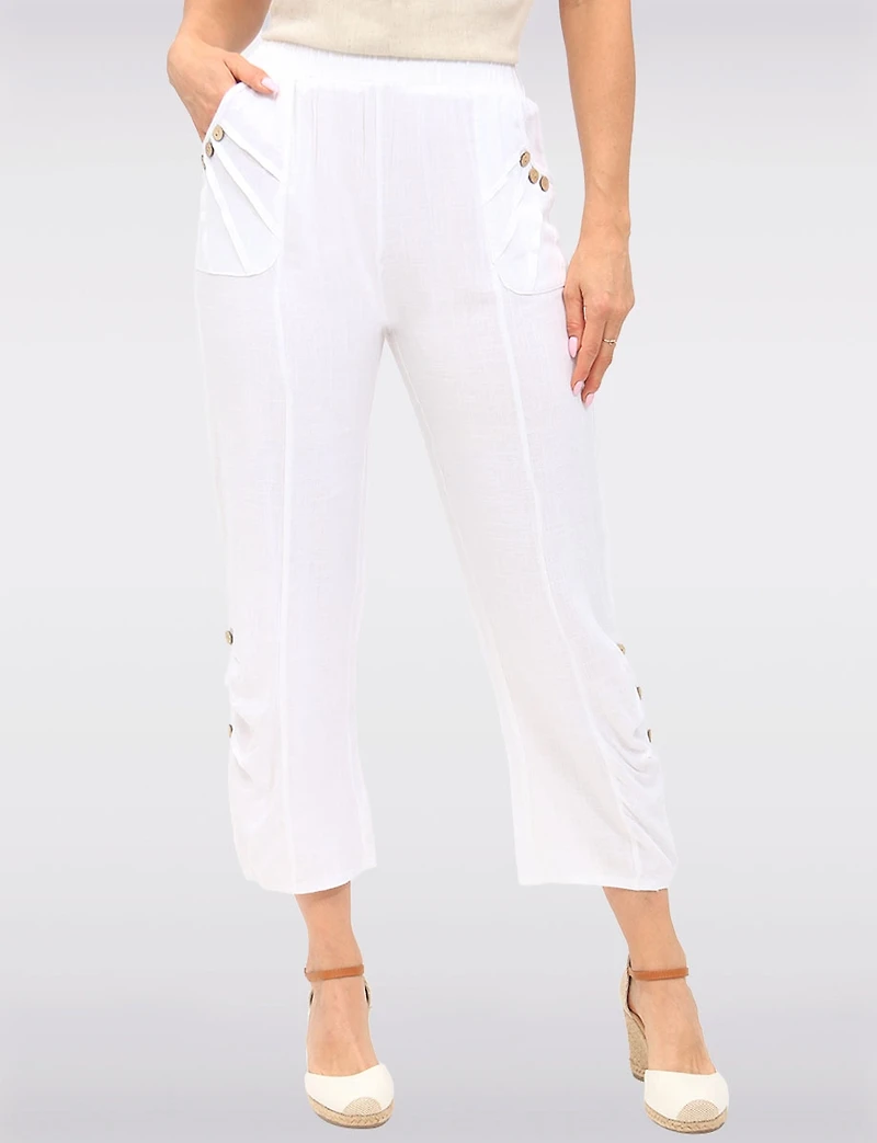 Goa Linen Relaxed Pull-On Pants - Ruched Cuff & Front-Pocket Button Details