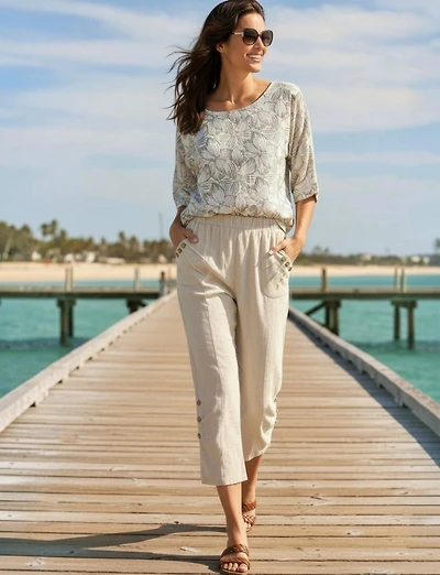 Goa Linen Relaxed Pull-On Pants - Ruched Cuff & Front-Pocket Button Details