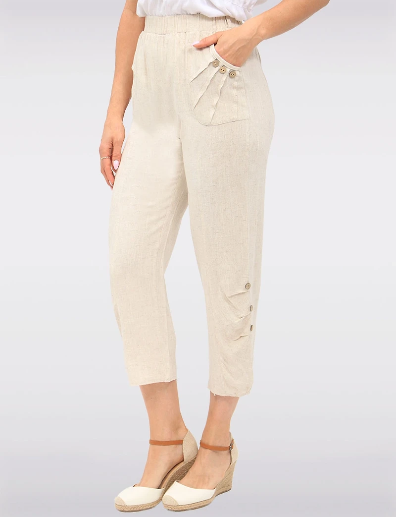 Goa Linen Relaxed Pull-On Pants - Ruched Cuff & Front-Pocket Button Details
