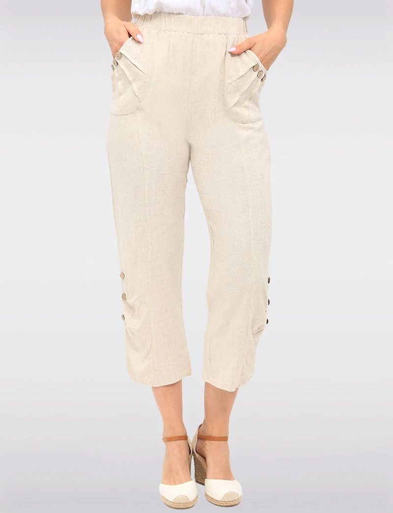 Goa Linen Relaxed Pull-On Pants - Ruched Cuff & Front-Pocket Button Details