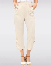 Goa Linen Relaxed Pull-On Pants - Ruched Cuff & Front-Pocket Button Details