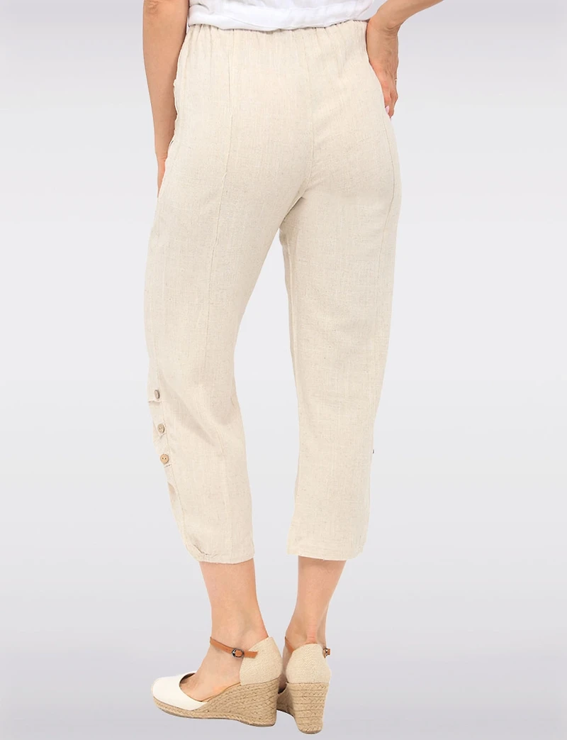 Goa Linen Relaxed Pull-On Pants - Ruched Cuff & Front-Pocket Button Details