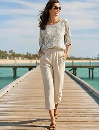 Goa Linen Relaxed Pull-On Pants - Ruched Cuff & Front-Pocket Button Details