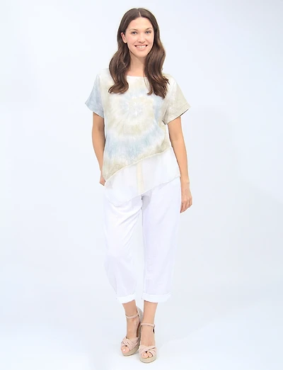 Goa Flowy Linen-Blend Asymmetric Top with Short Sleeves & Spiral Tie-Dye Design