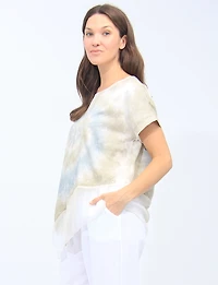 Goa Flowy Linen-Blend Asymmetric Top with Short Sleeves & Spiral Tie-Dye Design